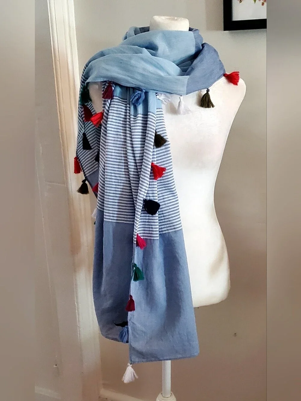NIC+ZOE Light Blue Striped Tassel Wrap Scarf